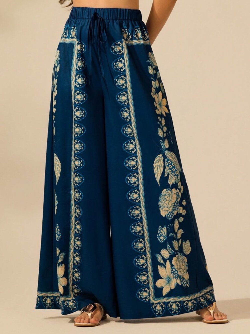 Dark Blue Boho Women's Tropical Plant Print Pants